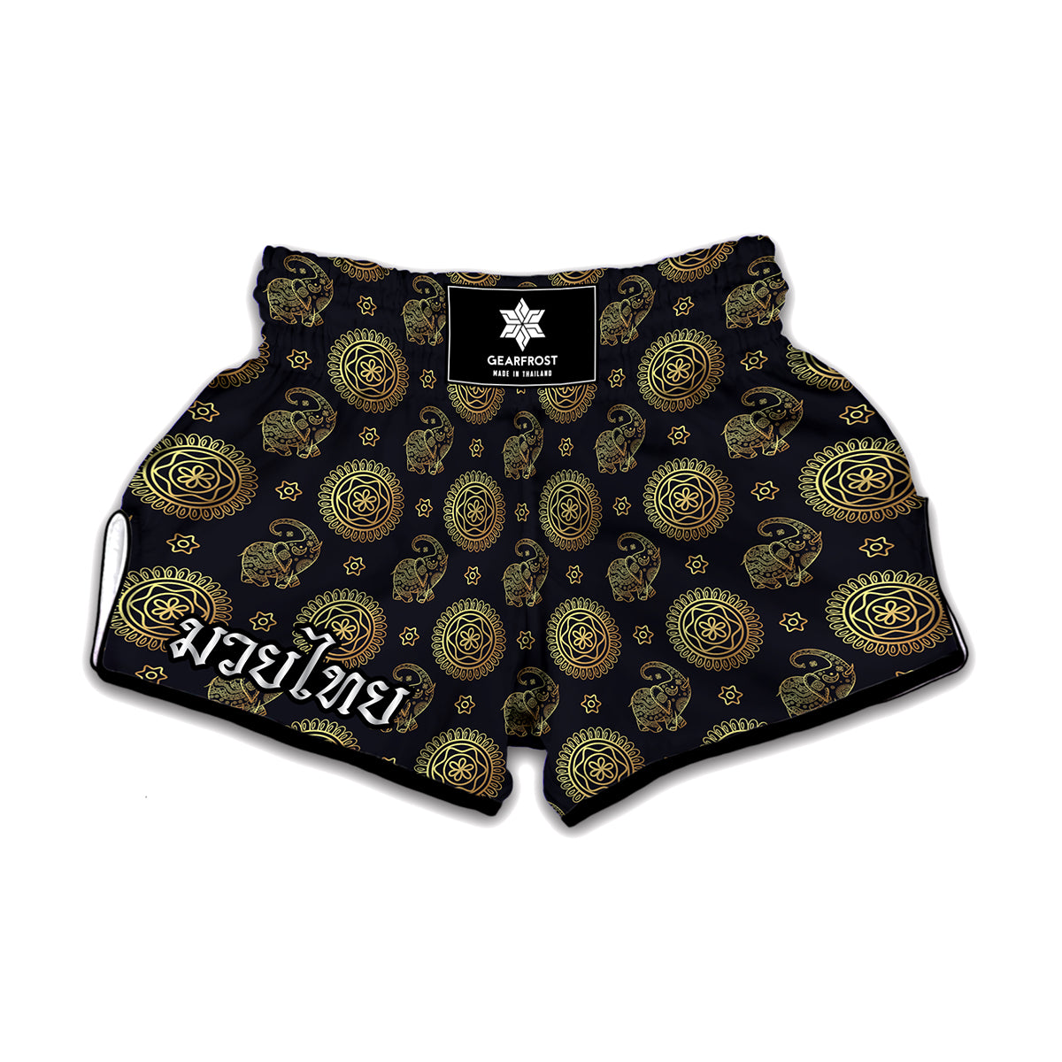 Cute Gold Boho Elephant Pattern Print Muay Thai Boxing Shorts