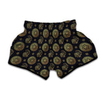 Cute Gold Boho Elephant Pattern Print Muay Thai Boxing Shorts