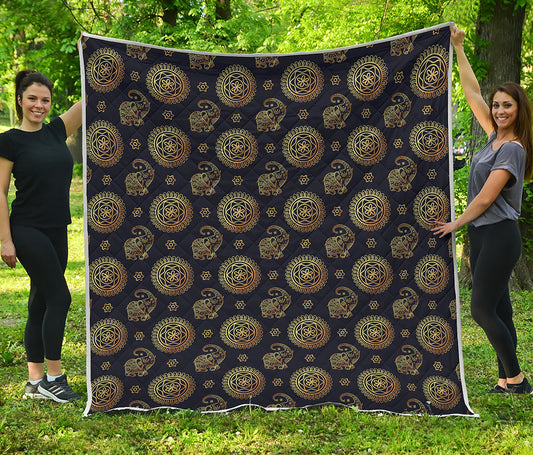 Cute Gold Boho Elephant Pattern Print Quilt
