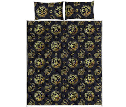 Cute Gold Boho Elephant Pattern Print Quilt Bed Set