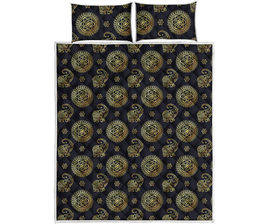 Cute Gold Boho Elephant Pattern Print Quilt Bed Set