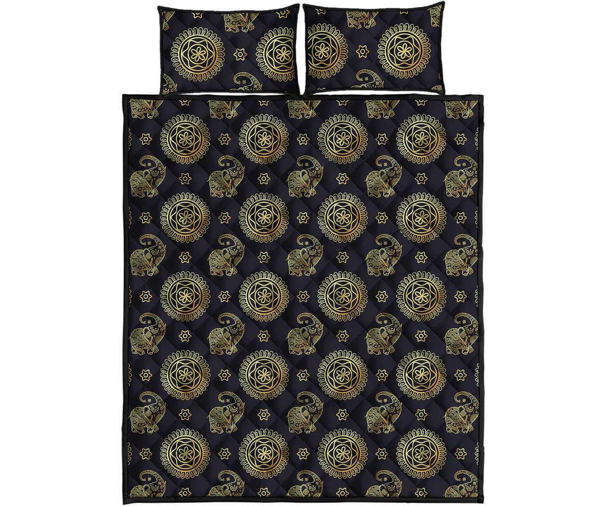 Cute Gold Boho Elephant Pattern Print Quilt Bed Set