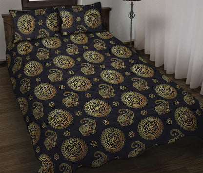 Cute Gold Boho Elephant Pattern Print Quilt Bed Set