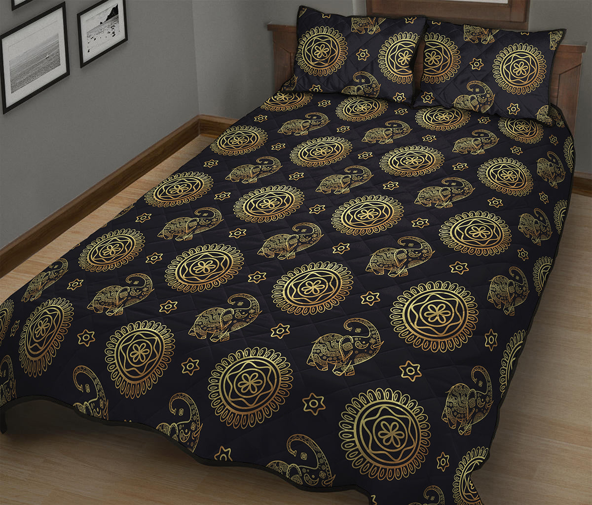 Cute Gold Boho Elephant Pattern Print Quilt Bed Set