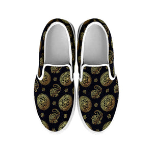 Cute Gold Boho Elephant Pattern Print White Slip On Shoes