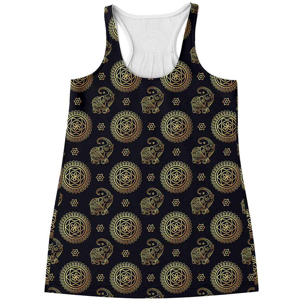 Cute Gold Boho Elephant Pattern Print Women's Racerback Tank Top