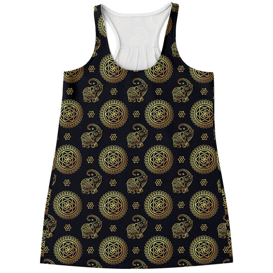 Cute Gold Boho Elephant Pattern Print Women's Racerback Tank Top