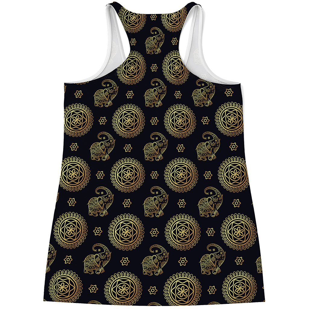 Cute Gold Boho Elephant Pattern Print Women's Racerback Tank Top