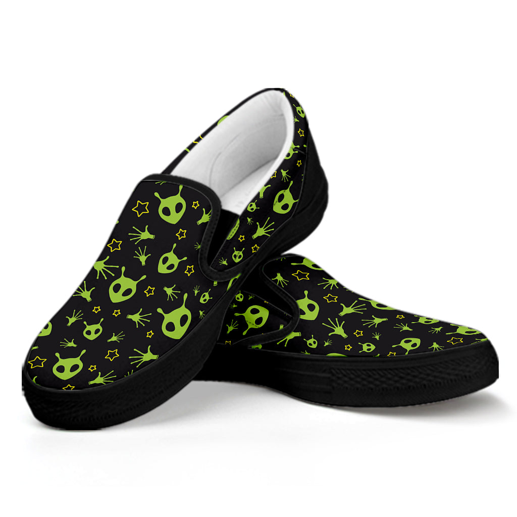 Cute Green Alien Pattern Print Black Slip On Shoes