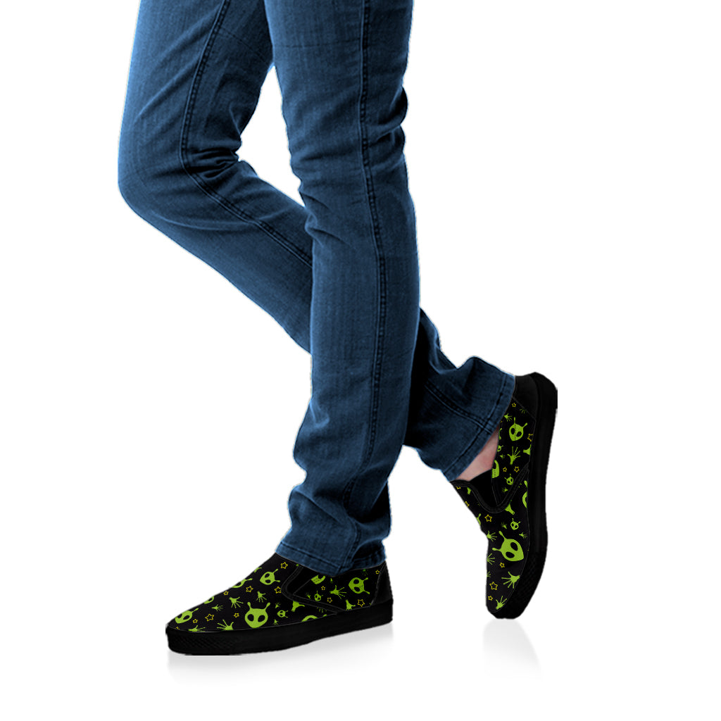 Cute Green Alien Pattern Print Black Slip On Shoes