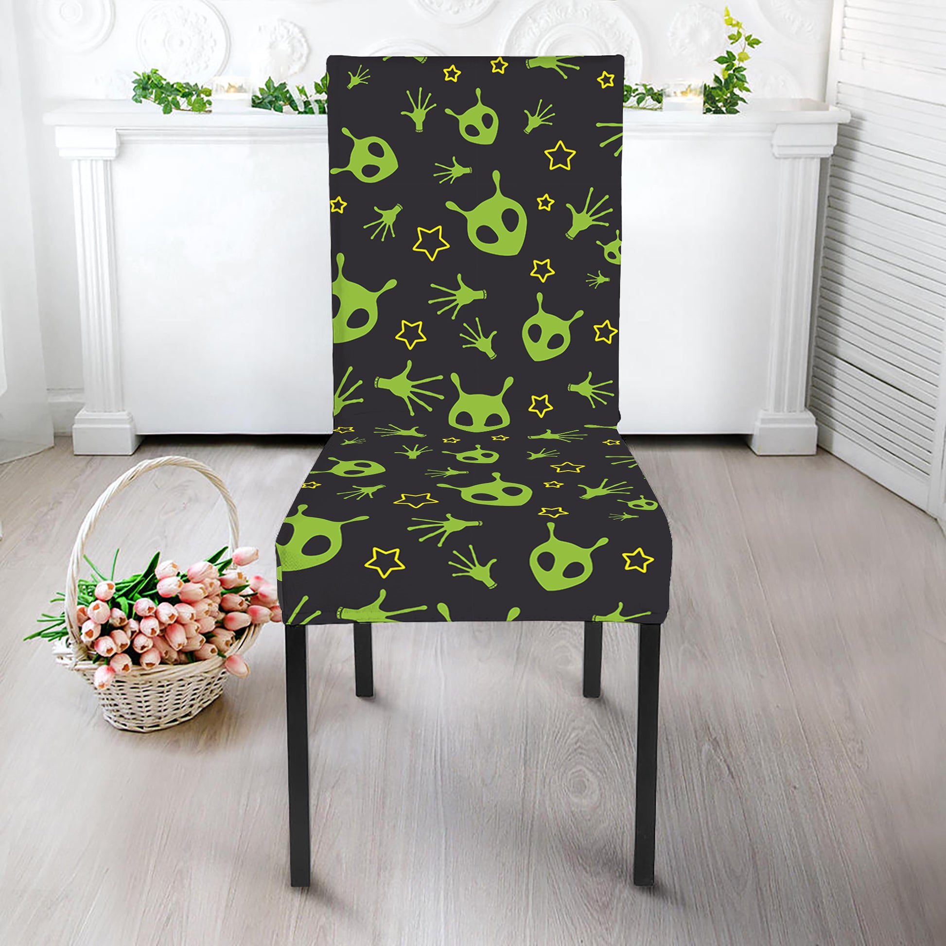 Cute Green Alien Pattern Print Dining Chair Slipcover