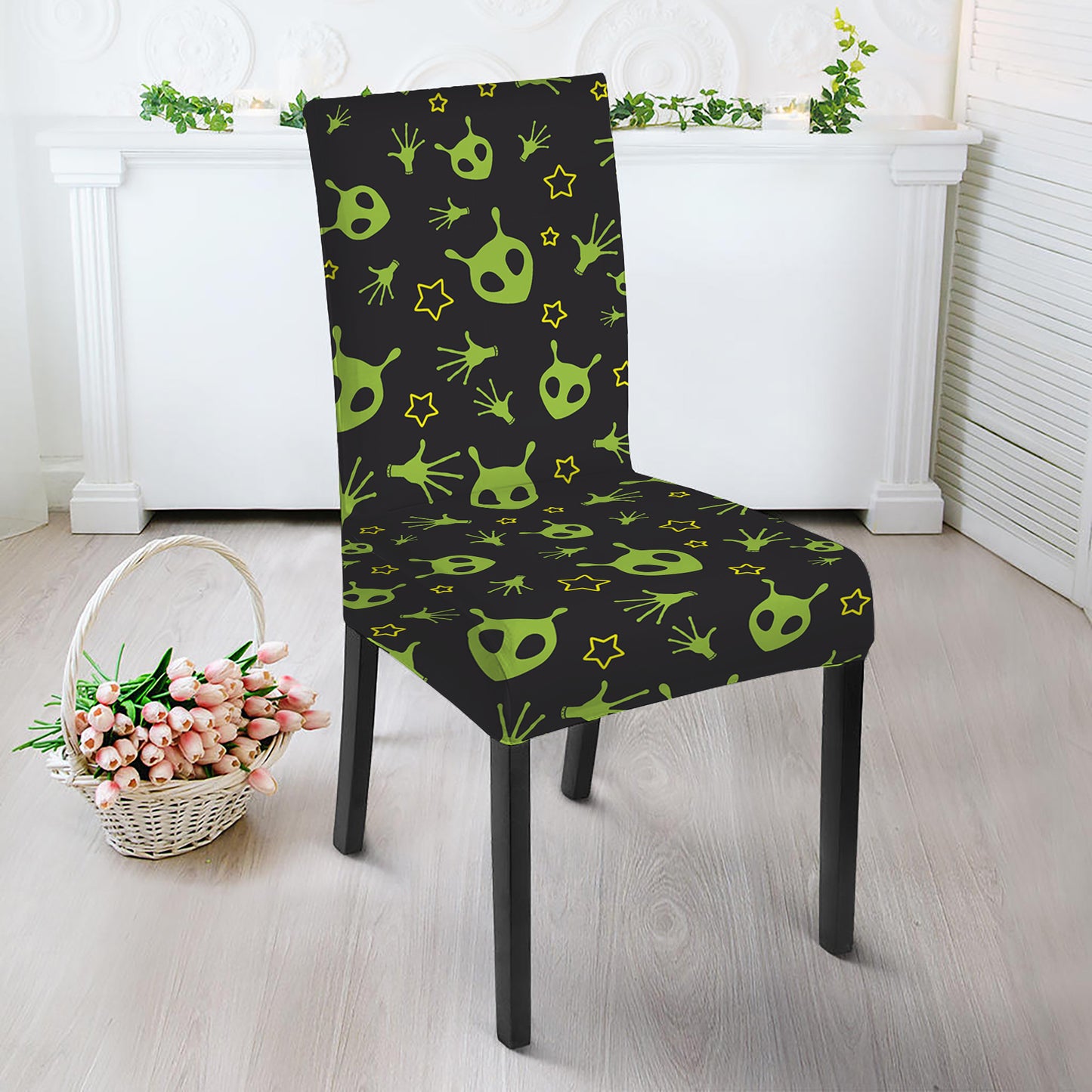 Cute Green Alien Pattern Print Dining Chair Slipcover
