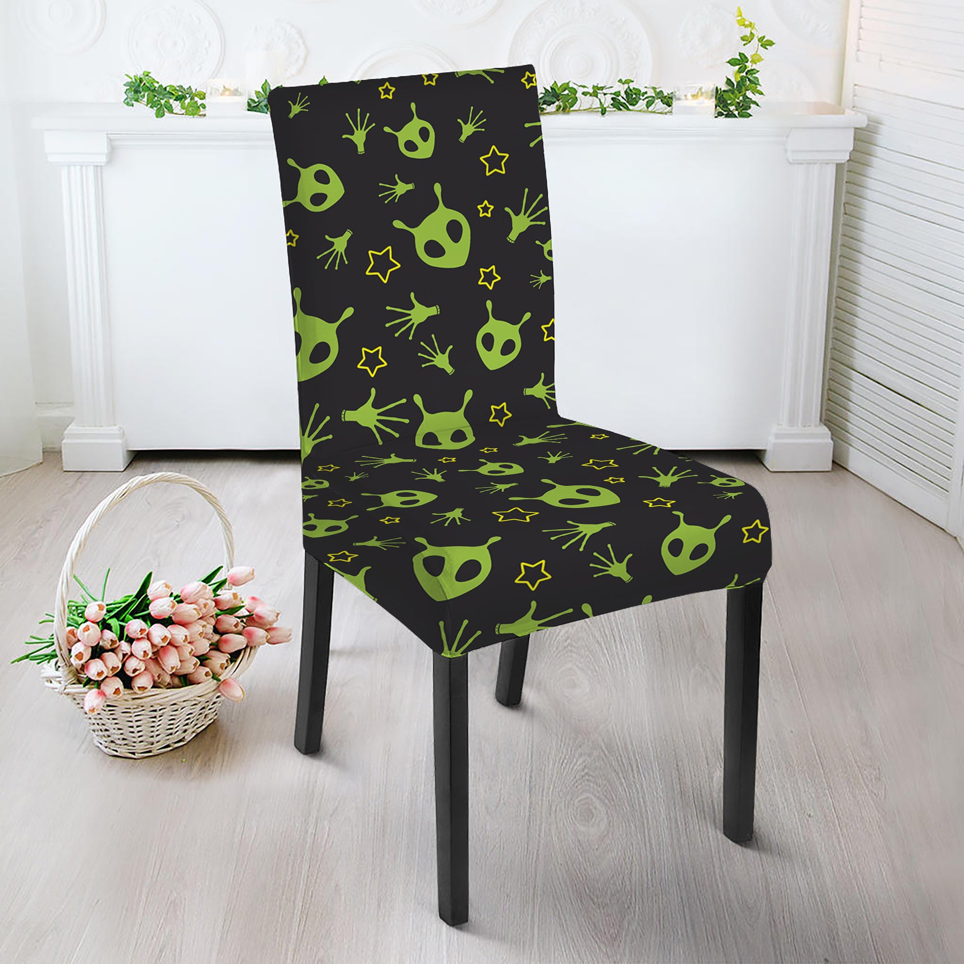Cute Green Alien Pattern Print Dining Chair Slipcover