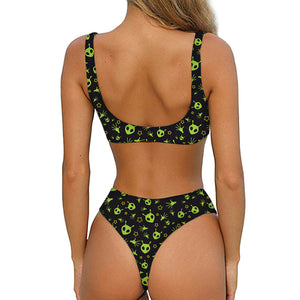 Cute Green Alien Pattern Print Front Bow Tie Bikini