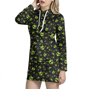 Cute Green Alien Pattern Print Hoodie Dress