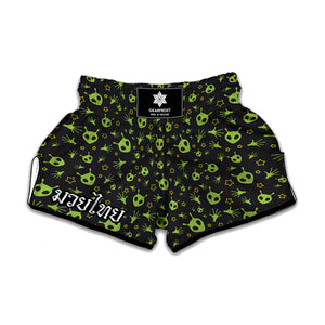 Cute Green Alien Pattern Print Muay Thai Boxing Shorts