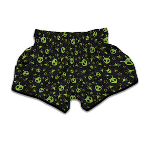 Cute Green Alien Pattern Print Muay Thai Boxing Shorts