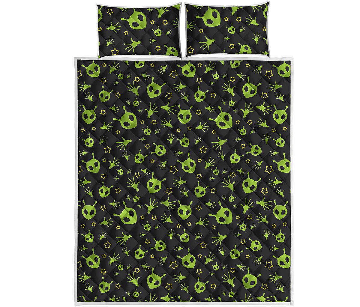 Cute Green Alien Pattern Print Quilt Bed Set