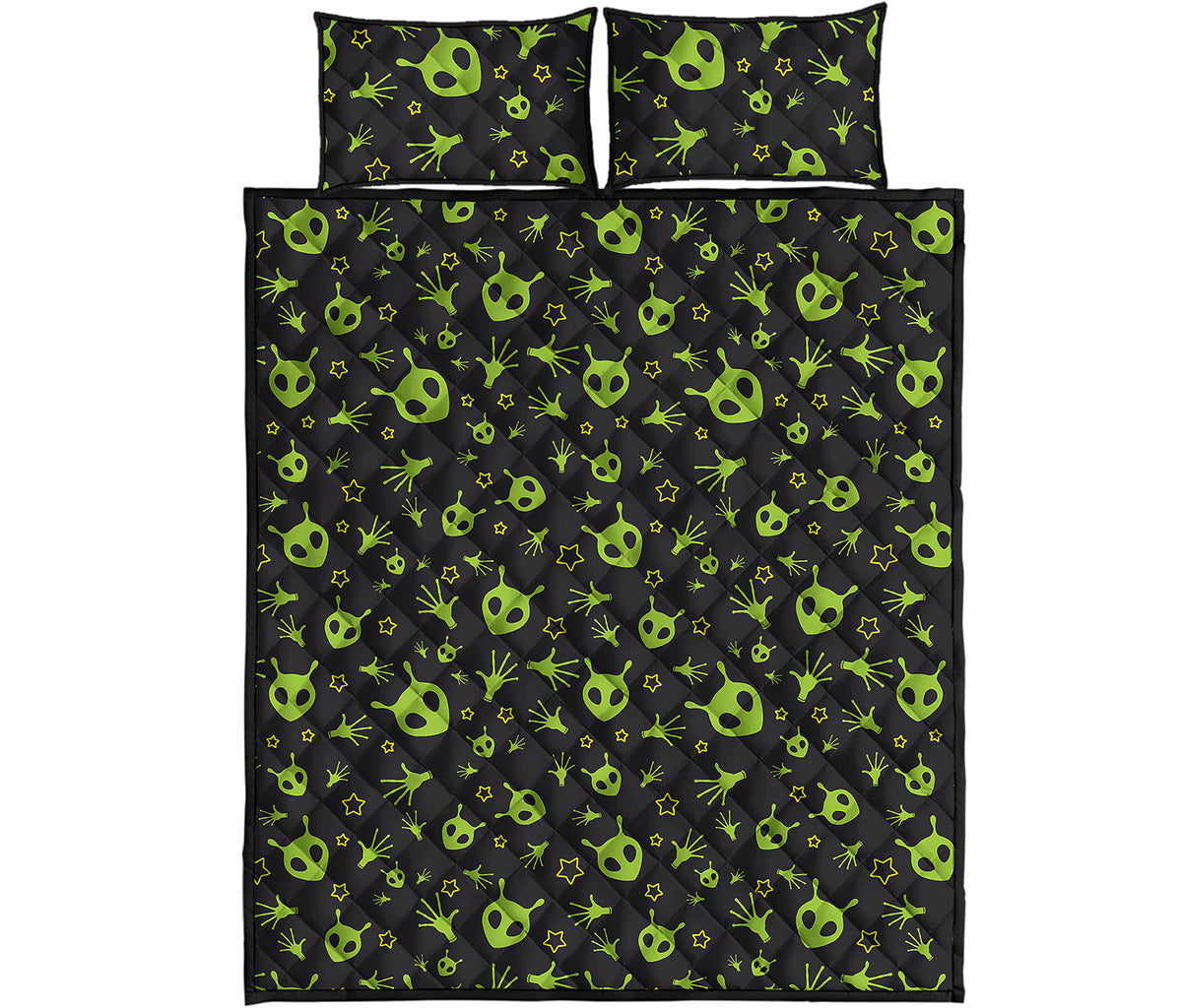 Cute Green Alien Pattern Print Quilt Bed Set