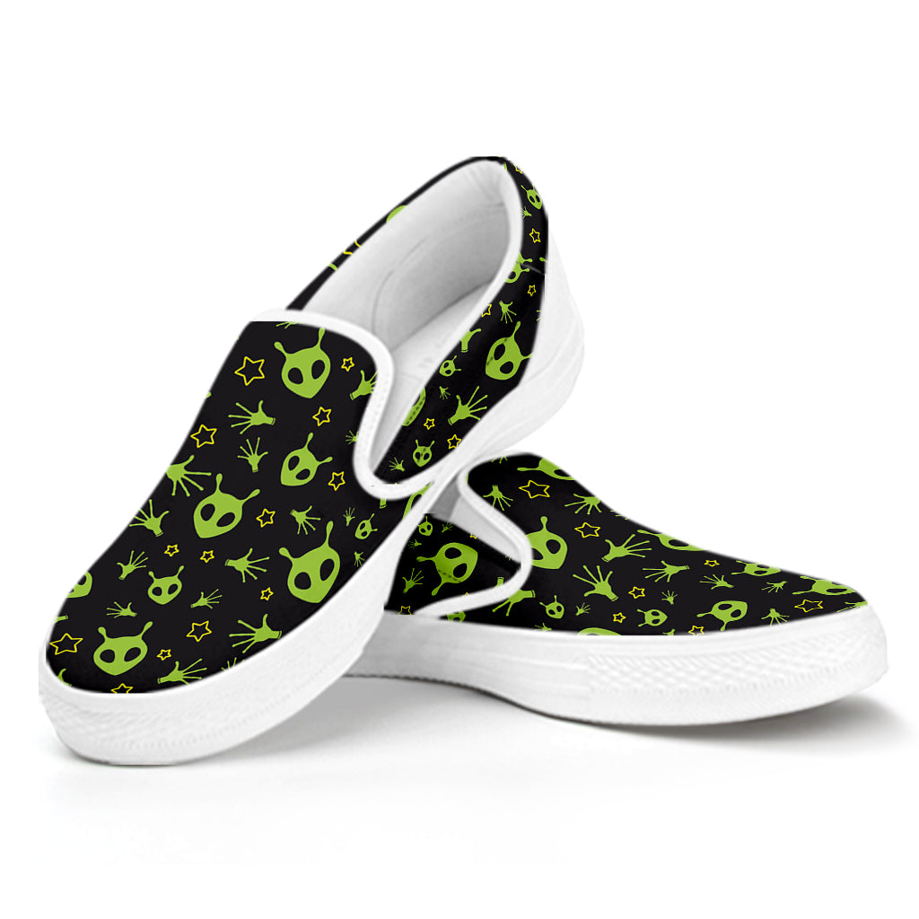 Cute Green Alien Pattern Print White Slip On Shoes