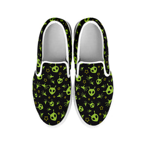 Cute Green Alien Pattern Print White Slip On Shoes