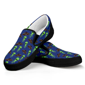 Cute Green Alien UFO Print Black Slip On Shoes