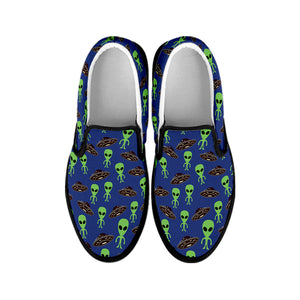 Cute Green Alien UFO Print Black Slip On Shoes