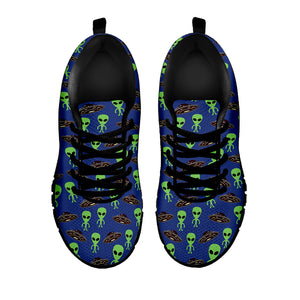 Cute Green Alien UFO Print Black Sneakers