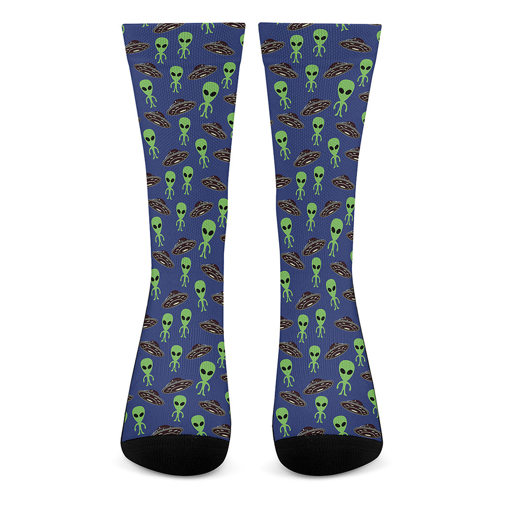 Cute Green Alien UFO Print Crew Socks