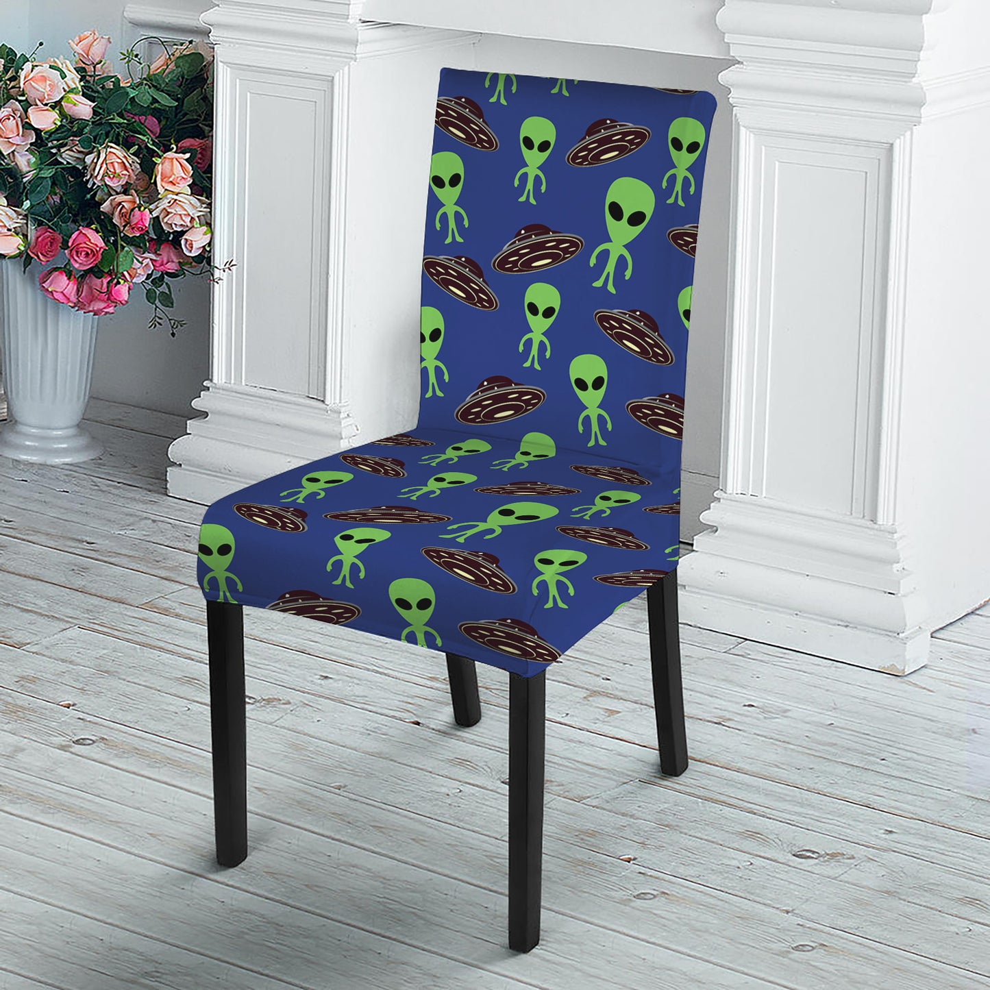 Cute Green Alien UFO Print Dining Chair Slipcover