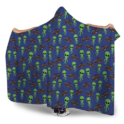 Cute Green Alien UFO Print Hooded Blanket