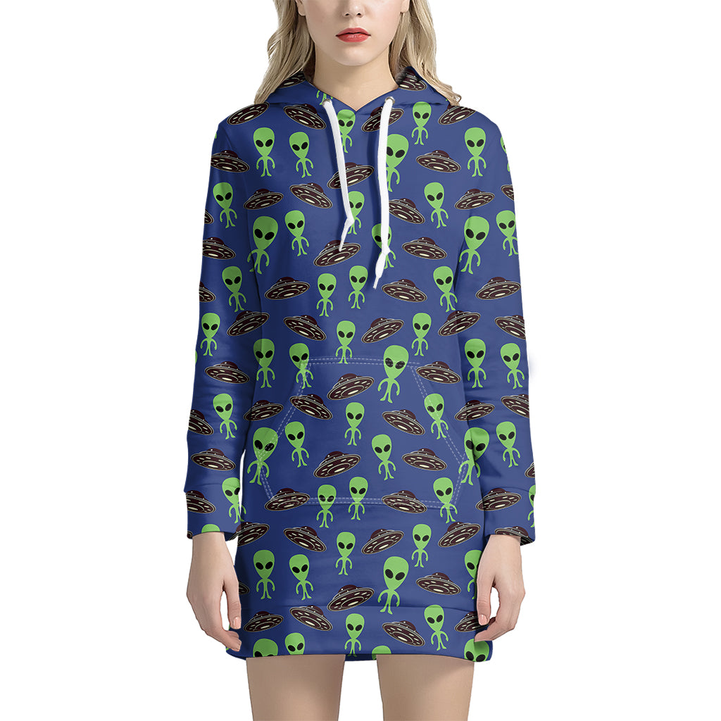 Cute Green Alien UFO Print Hoodie Dress