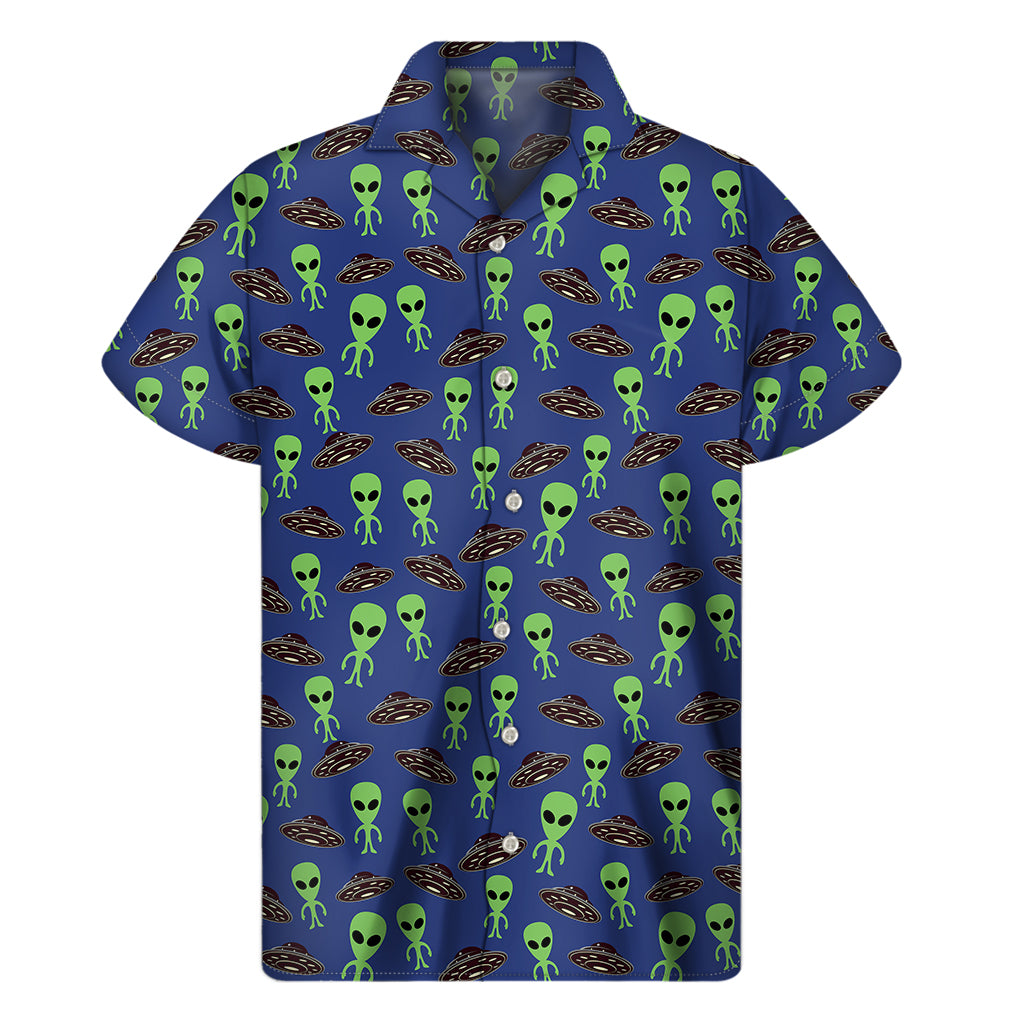 Cute Green Alien UFO Print Men's Short Sleeve Shirt