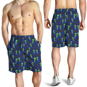 Cute Green Alien UFO Print Men's Shorts