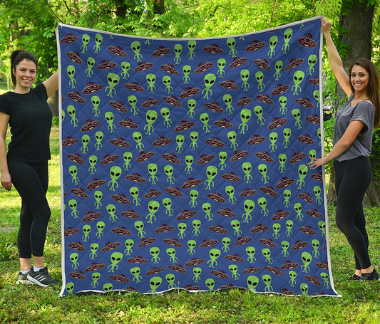 Cute Green Alien UFO Print Quilt
