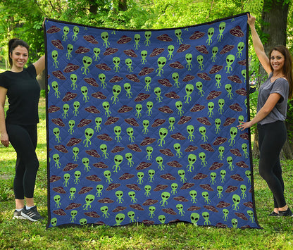 Cute Green Alien UFO Print Quilt
