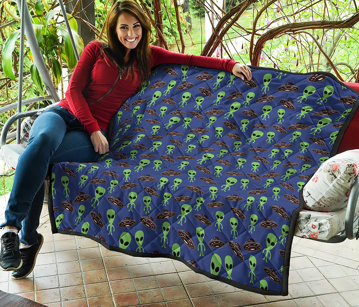 Cute Green Alien UFO Print Quilt