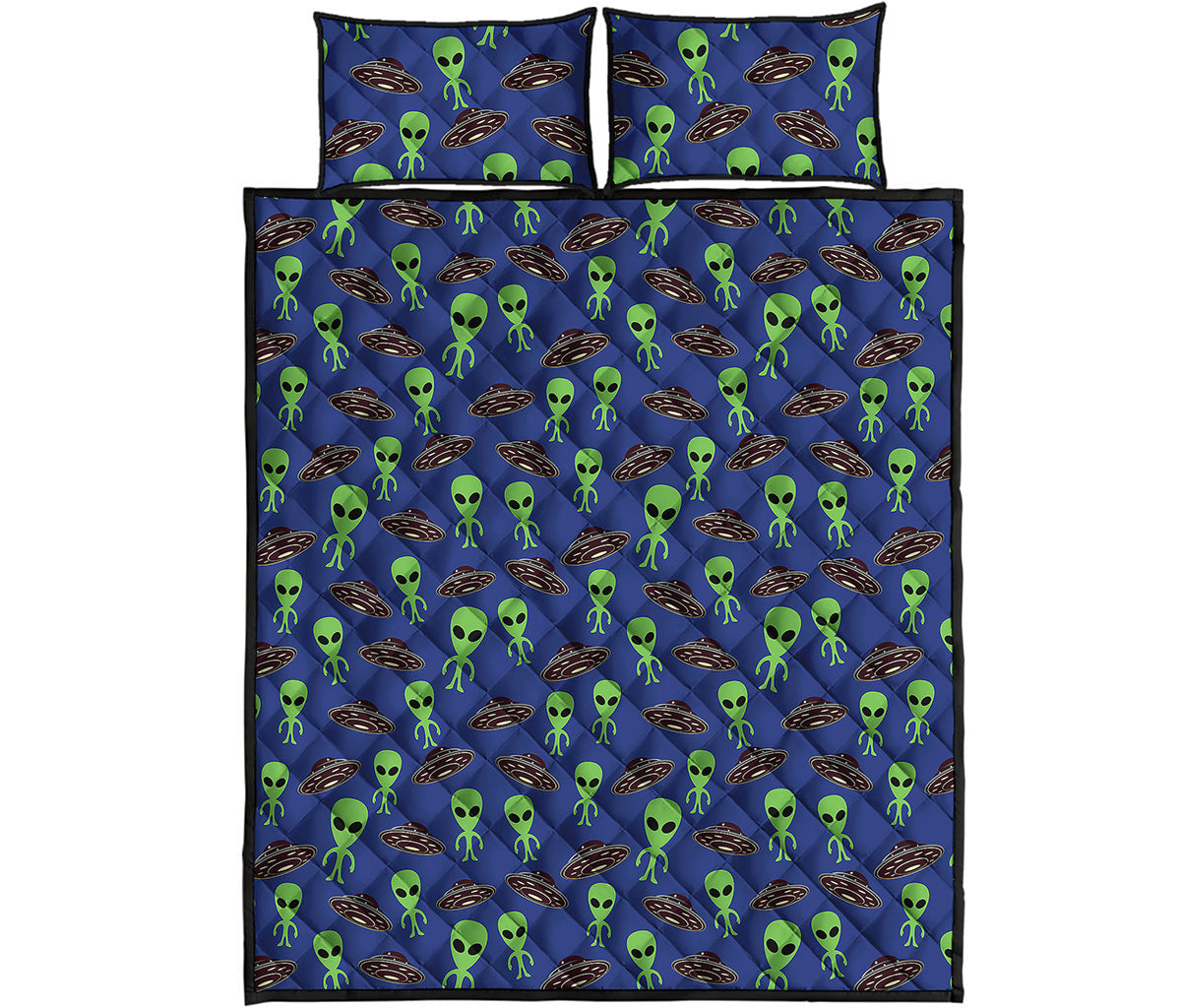 Cute Green Alien UFO Print Quilt Bed Set