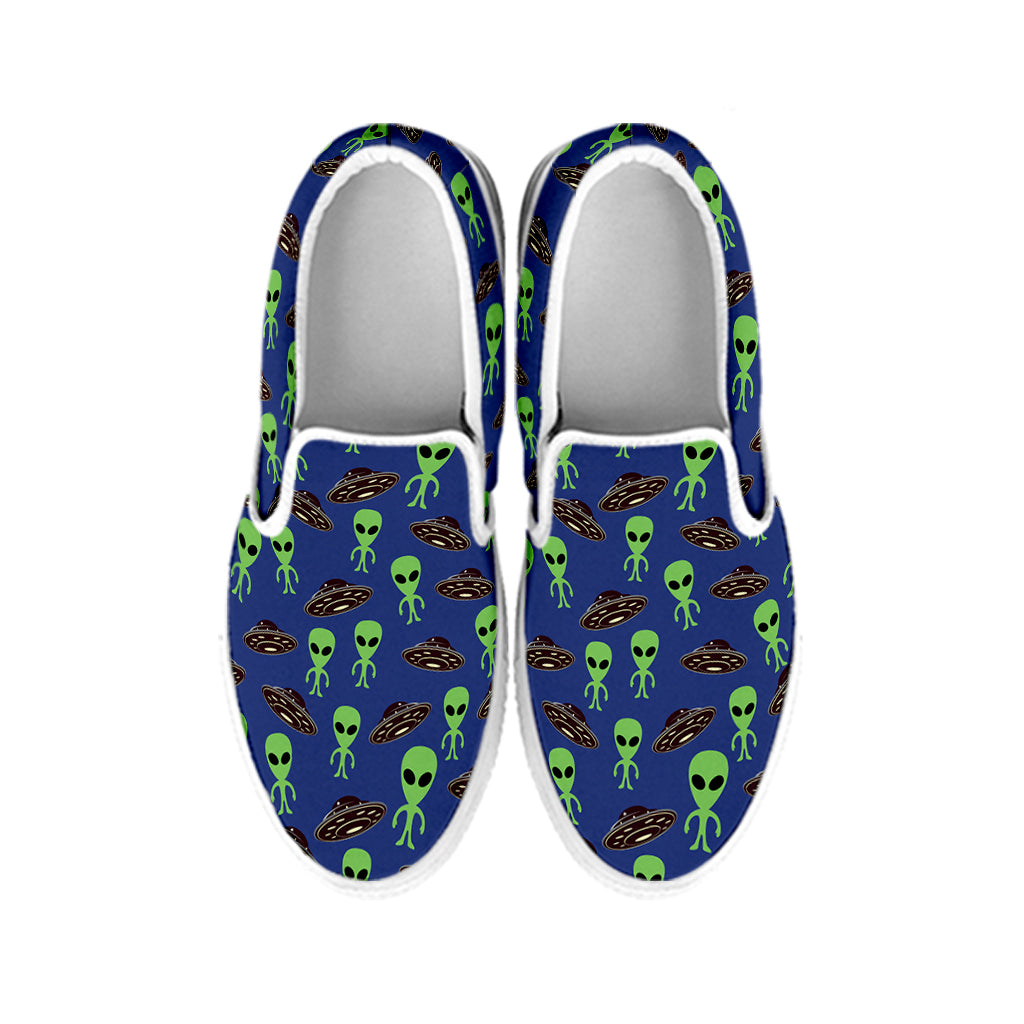 Cute Green Alien UFO Print White Slip On Shoes