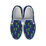 Cute Green Alien UFO Print White Slip On Shoes