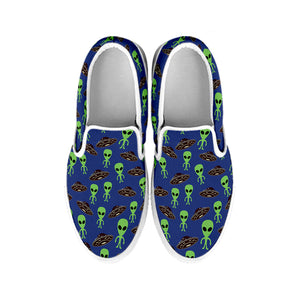 Cute Green Alien UFO Print White Slip On Shoes