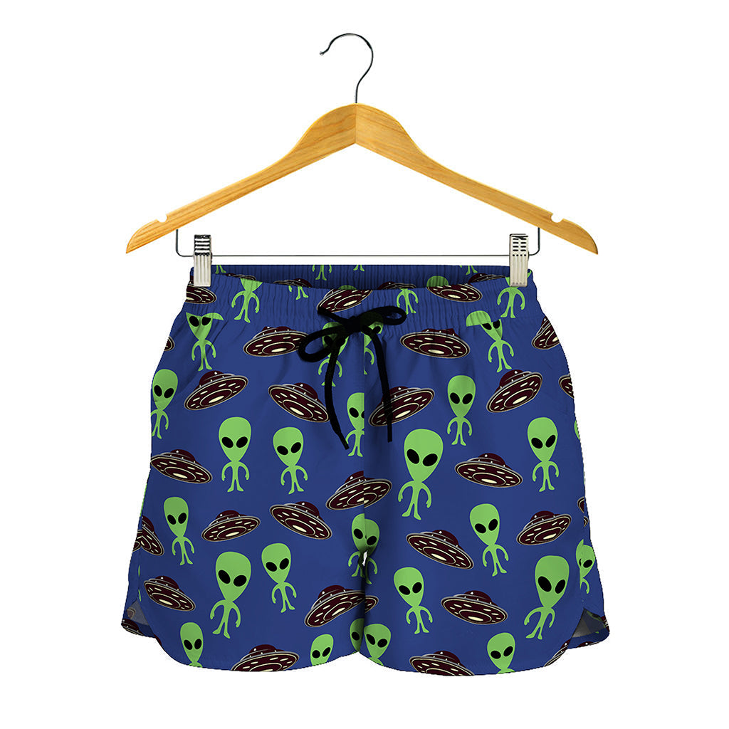 Cute Green Alien UFO Print Women's Shorts