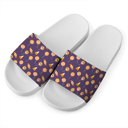 Cute Halloween Candy Pattern Print White Slide Sandals