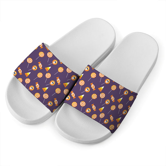 Cute Halloween Candy Pattern Print White Slide Sandals