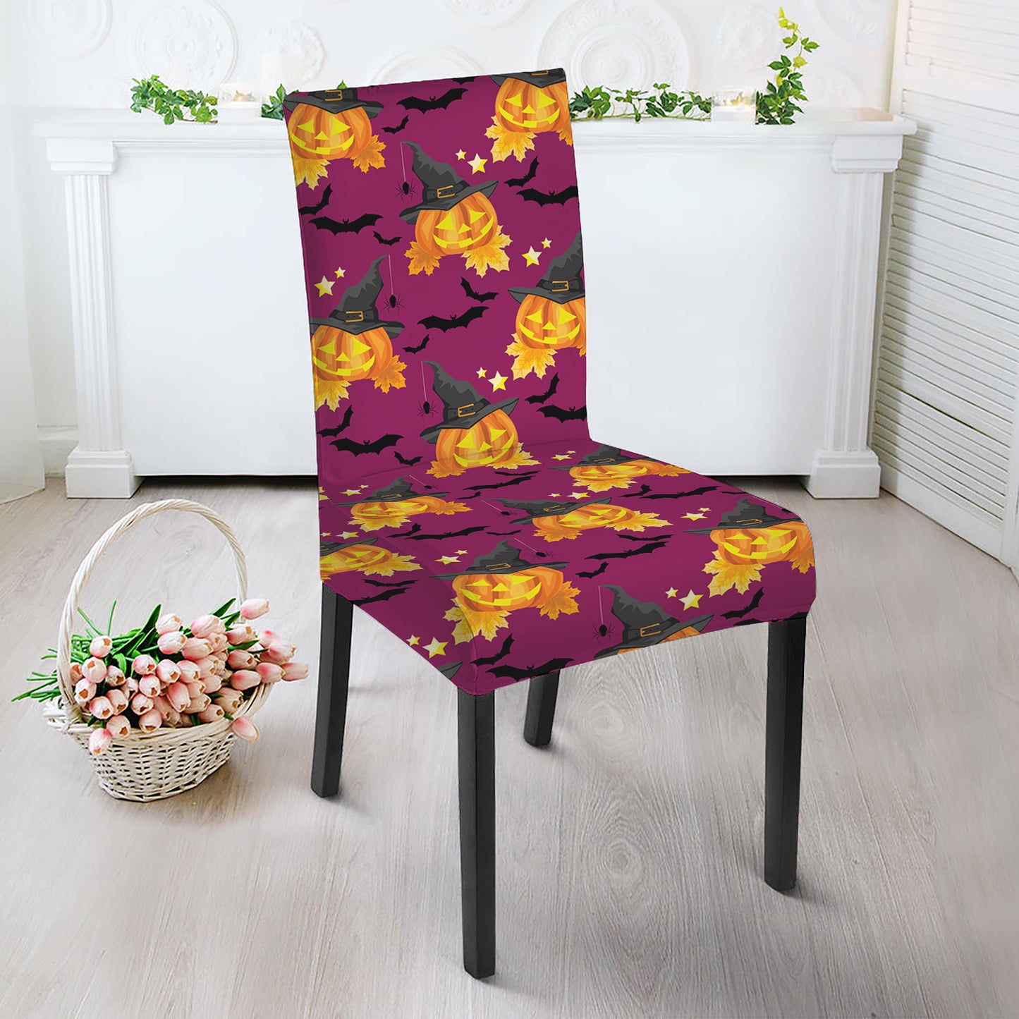 Cute Halloween Pumpkin Witch Print Dining Chair Slipcover