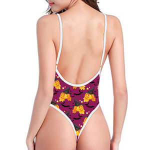 Cute Halloween Pumpkin Witch Print One Piece High Cut Swimsuit