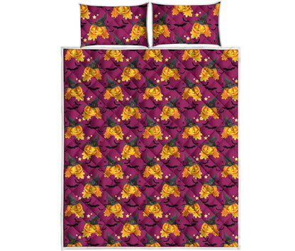 Cute Halloween Pumpkin Witch Print Quilt Bed Set