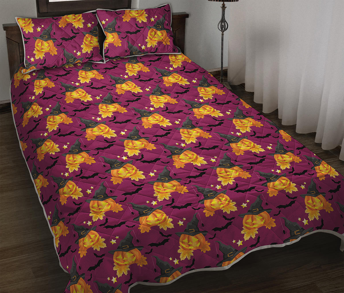 Cute Halloween Pumpkin Witch Print Quilt Bed Set