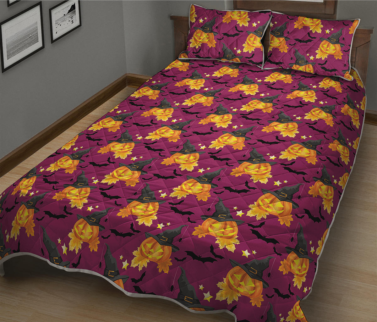 Cute Halloween Pumpkin Witch Print Quilt Bed Set