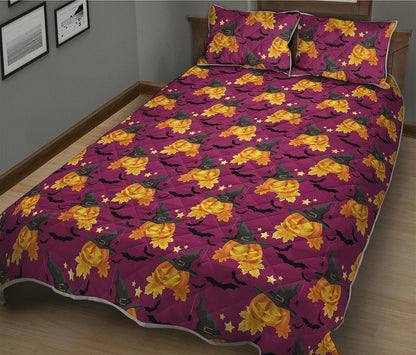 Cute Halloween Pumpkin Witch Print Quilt Bed Set